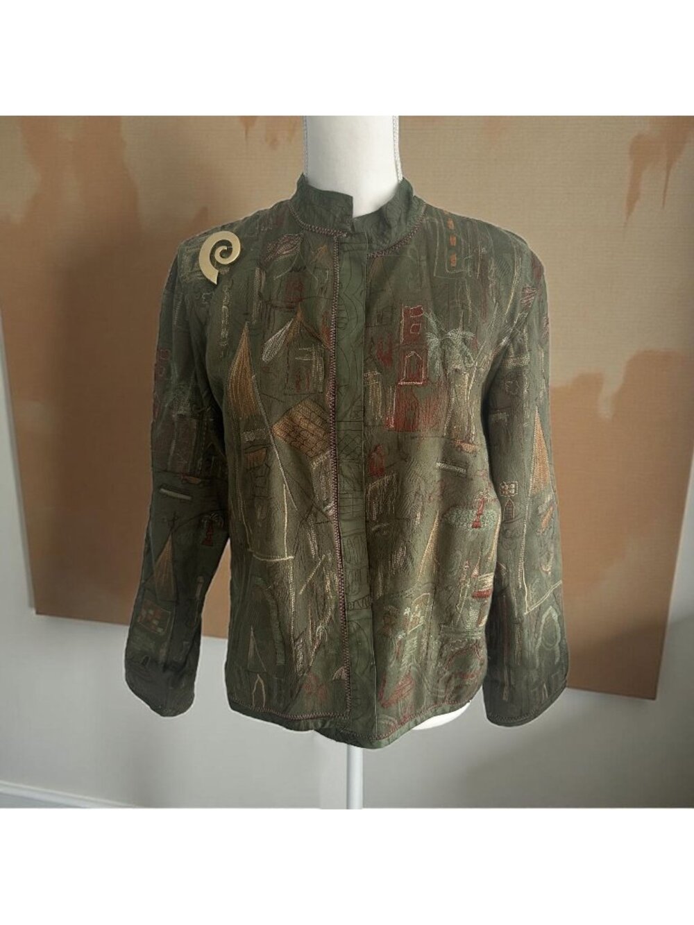 CHICOS Olive Bazaar Embelished 100% Cotton Print Jacket Blazer Sz Chicos 1 US M